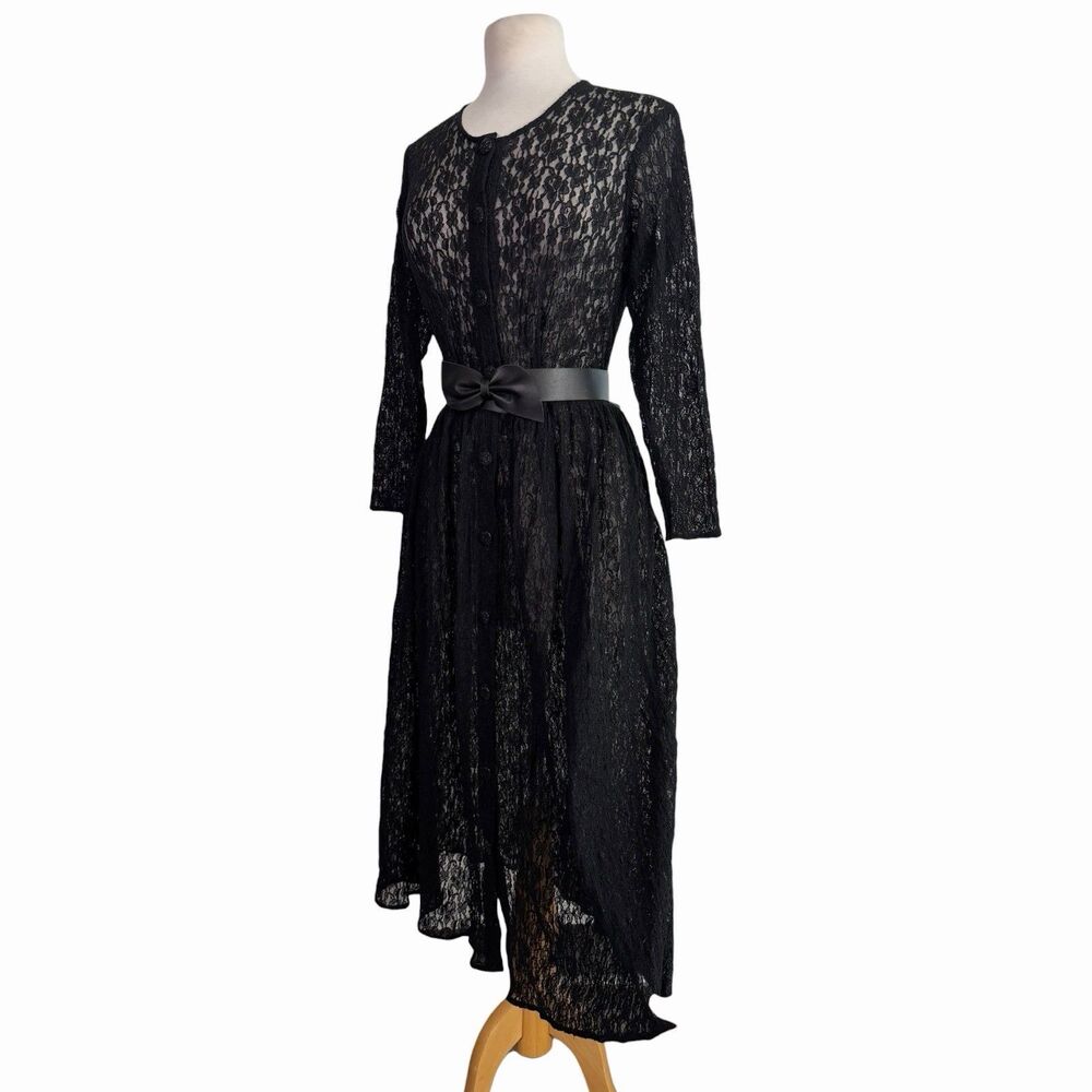 Whimsigoth Black Full Lace A-Line Midi Shirt Dress Sheer Long Sleeve Button Up S